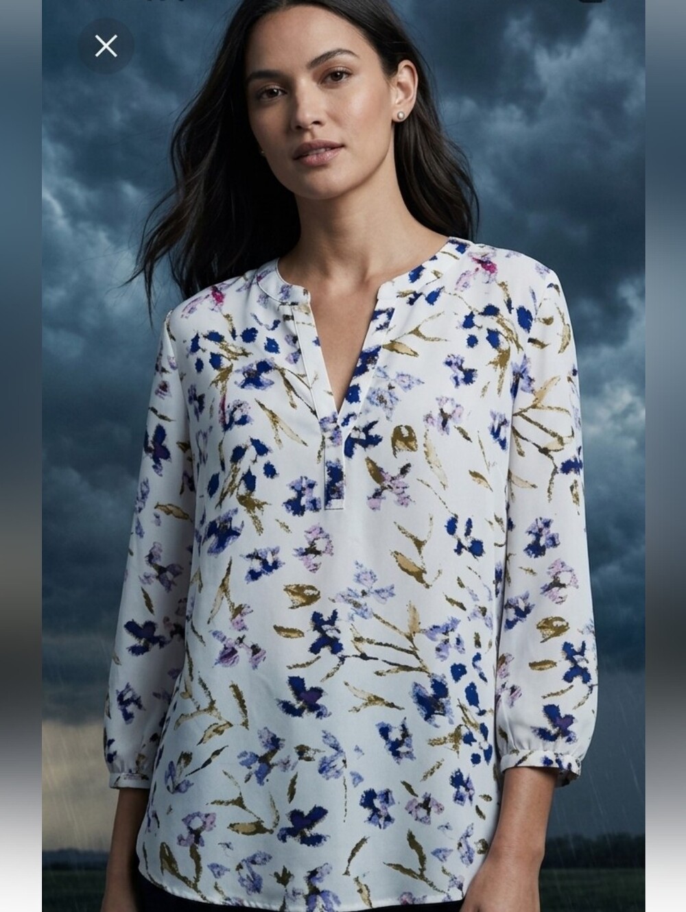 Daniel Rainn Purple- Blue, Cream Floral Blouse